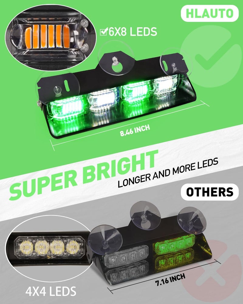 HLauto 2002L Emergency Dash Strobe Lights: Green White Safety Lights, Flashing Warning Hazard Windshield Visor Traffic Light Bars for Trucks, Construction Vehicles (2x8.5 inch, 48LED) - Image 2